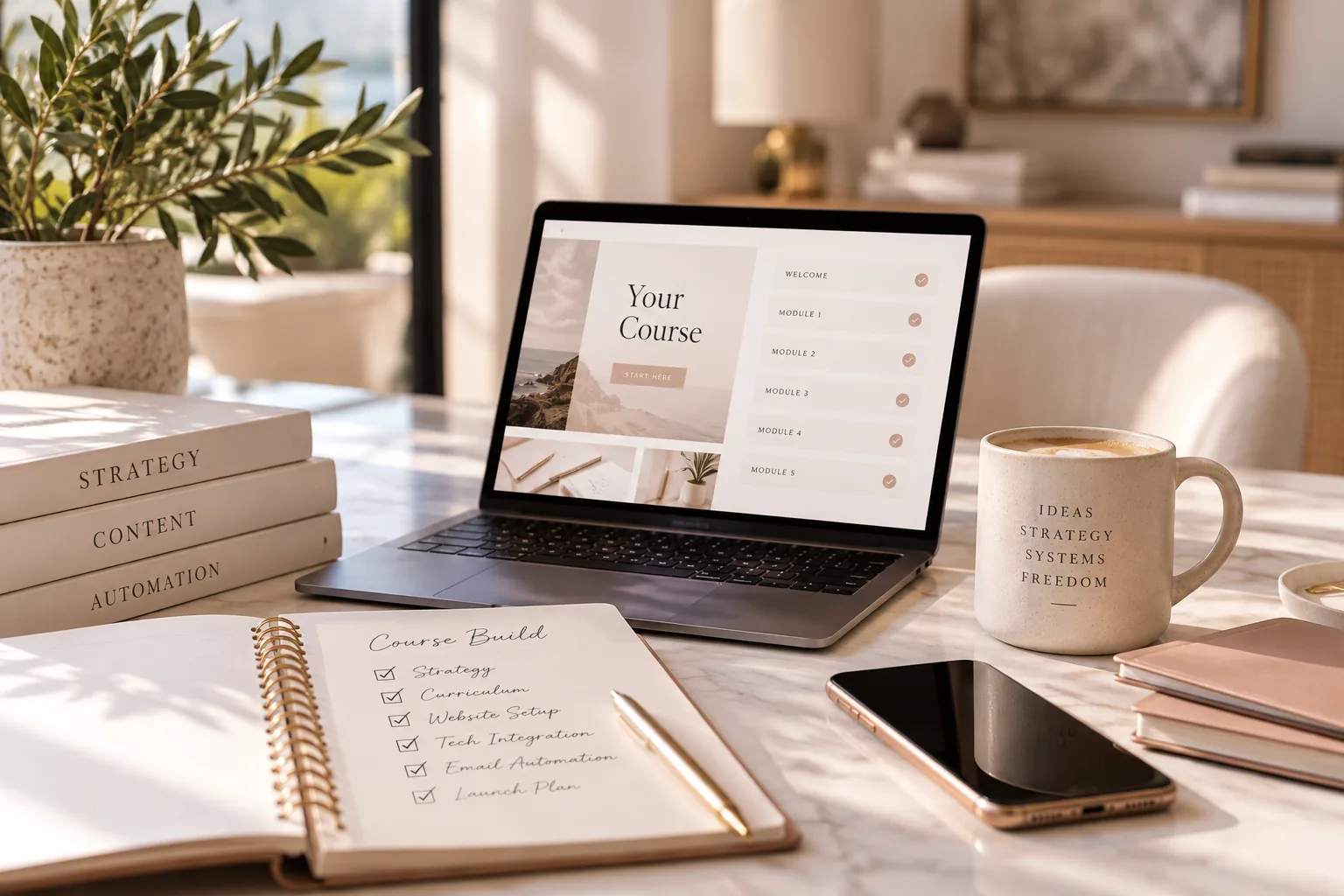 A sunlit desk with an open laptop showing a course dashboard, a notebook headed Course Build with a checklist, books labeled Strategy, Content and Automation, a mug of coffee, and a phone.